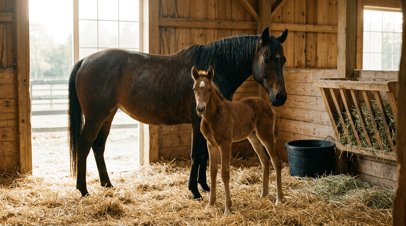 Newborn foal with mare